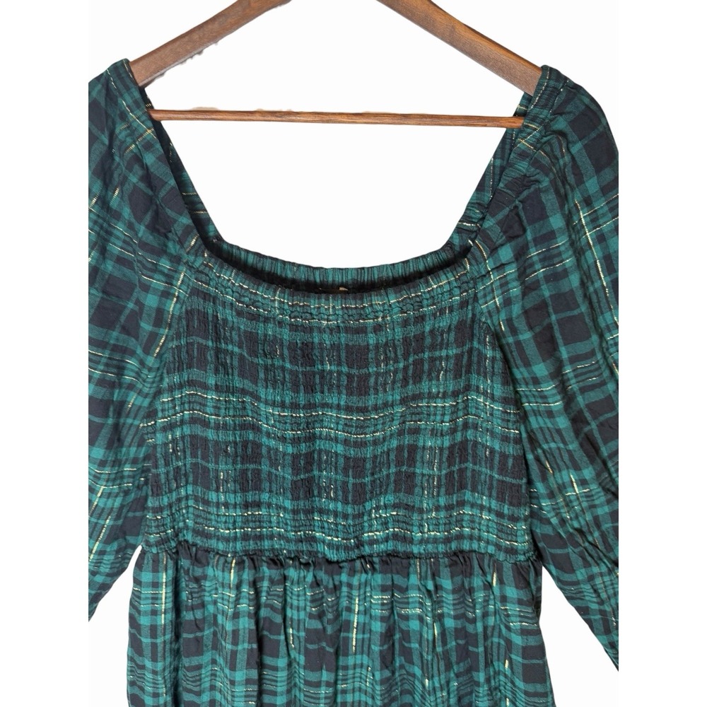 Lane Bryant Dress Women 22/24 Green Black Plaid Smocked Midi Pockets Cottagecore - Picture 3 of 9